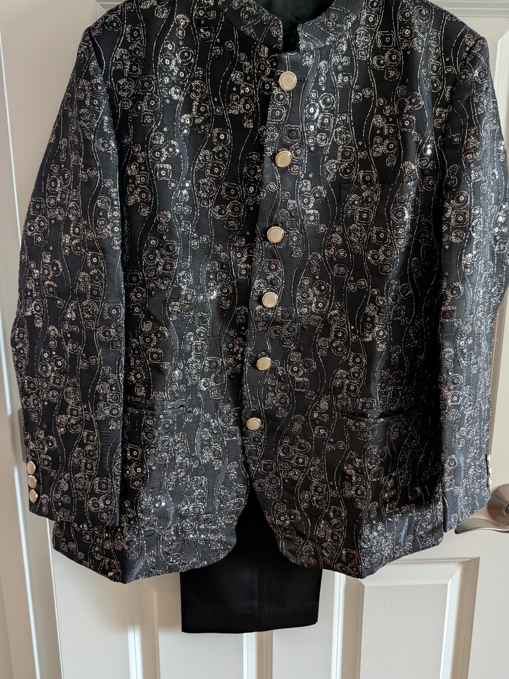 Men's Black Patterned Button-Front Jodhpuri Jacket With Matching Pant